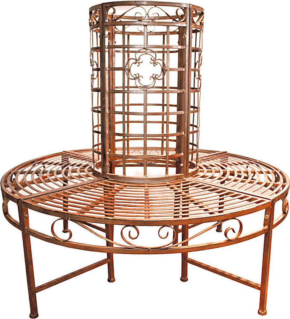 A metal garden bench with a decorative cage-like structure in the center, presented on a white background.