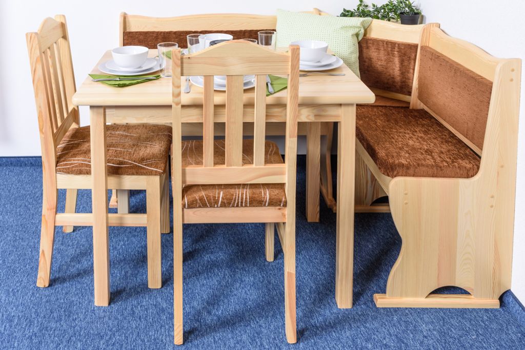 Moderne Eckbank Kiefer Junco 244, braun gepolstert, Staufach, seitenverkehrt, 85x110x148 cm