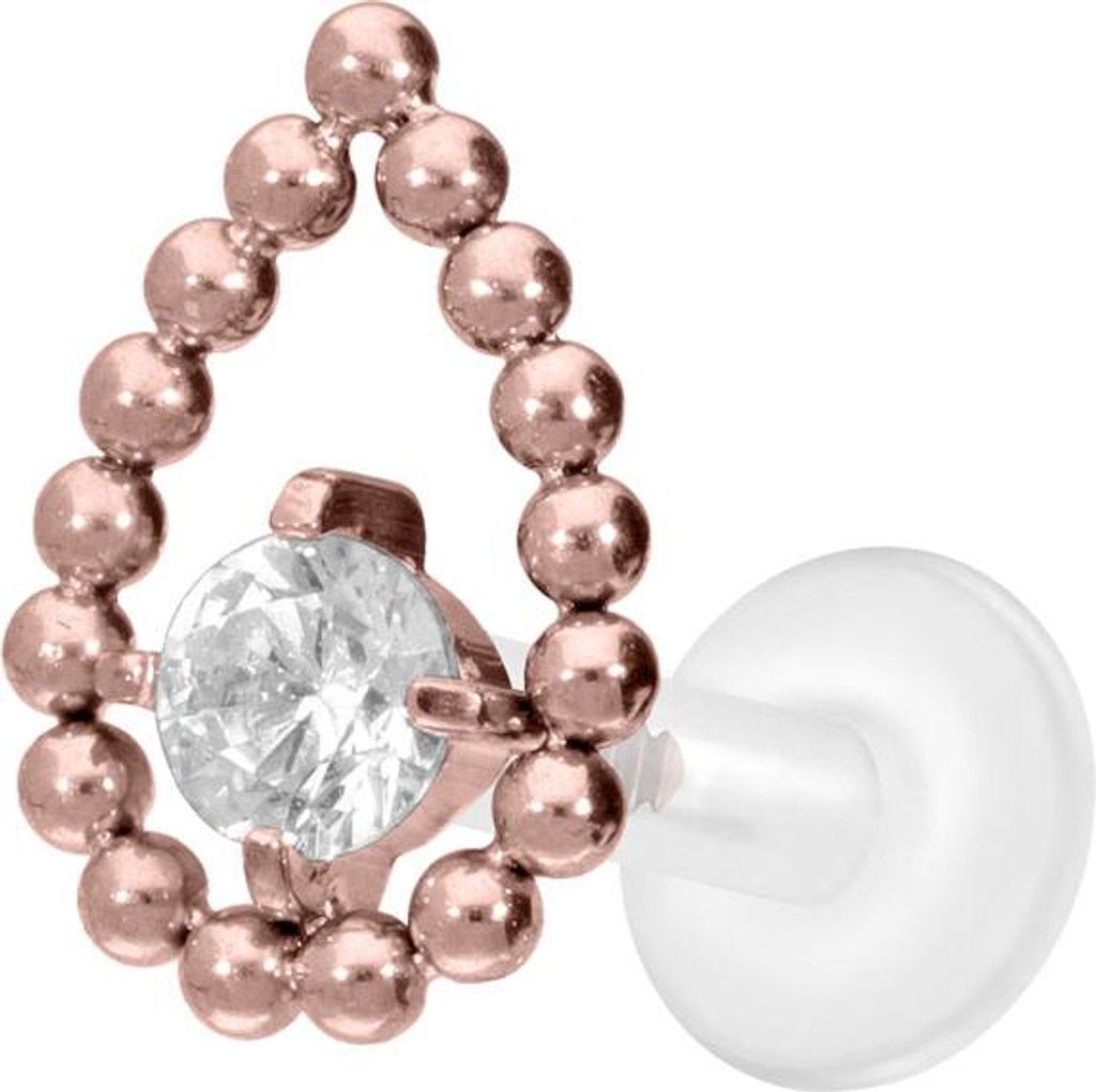Ohrpiercing, Nasenpiercing PTFE Labret mit Innengewinde + Titan-Aufsatz TROPFEN + KRISTALL RoséGold Stablänge: 7mm | Stabstärke: 1,6mm