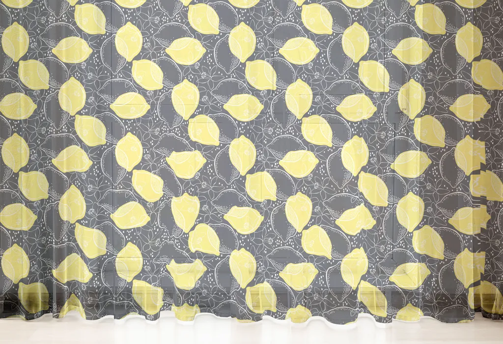 ABAKUHAUS Arazzo con frutta, Disegni artistici di limoni e fiori Illustrazione, Arazzo in raso setoso per soggiorno e camera da letto, 240 cm x 274 cm, Grigio antracite Giallo - 3