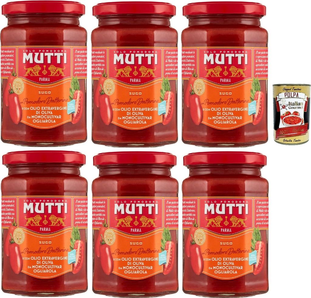 Mutti Sugo di pomodori con pomodoro datterino e olio extra vergine d'oliva, Tomatensauce mit Datterino Tomaten und extra native Olivenöl, 6x 280g ...
