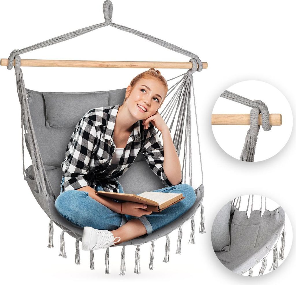 Outtec Hängesessel mit 3 Kissen - 100x130x75cm, bis 140 kg - Boho Fransen Sessel, Sitzsack, Schaukel für Outdoor, Garten, Balkon, Zuhause - Grau