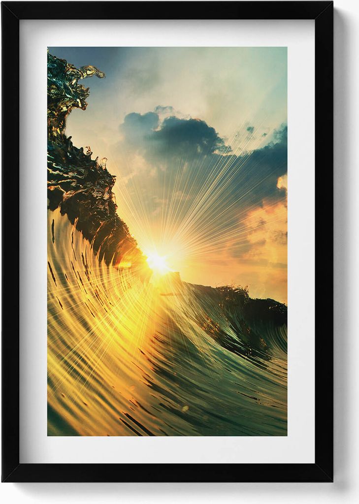Welle auf dem Meer und Sonnenuntergang– Wandbild mit Rahmen – Gerahmtes Bild – Wanddekoration – 40x60 cm – Schwarz