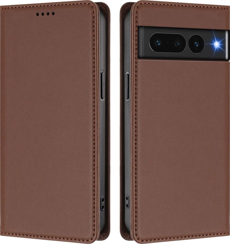 Handyhülle für Google Pixel 7 Pro, Kunstleder Klapphülle Stoßfeste Magnetische Hülle mit Ständer Braun