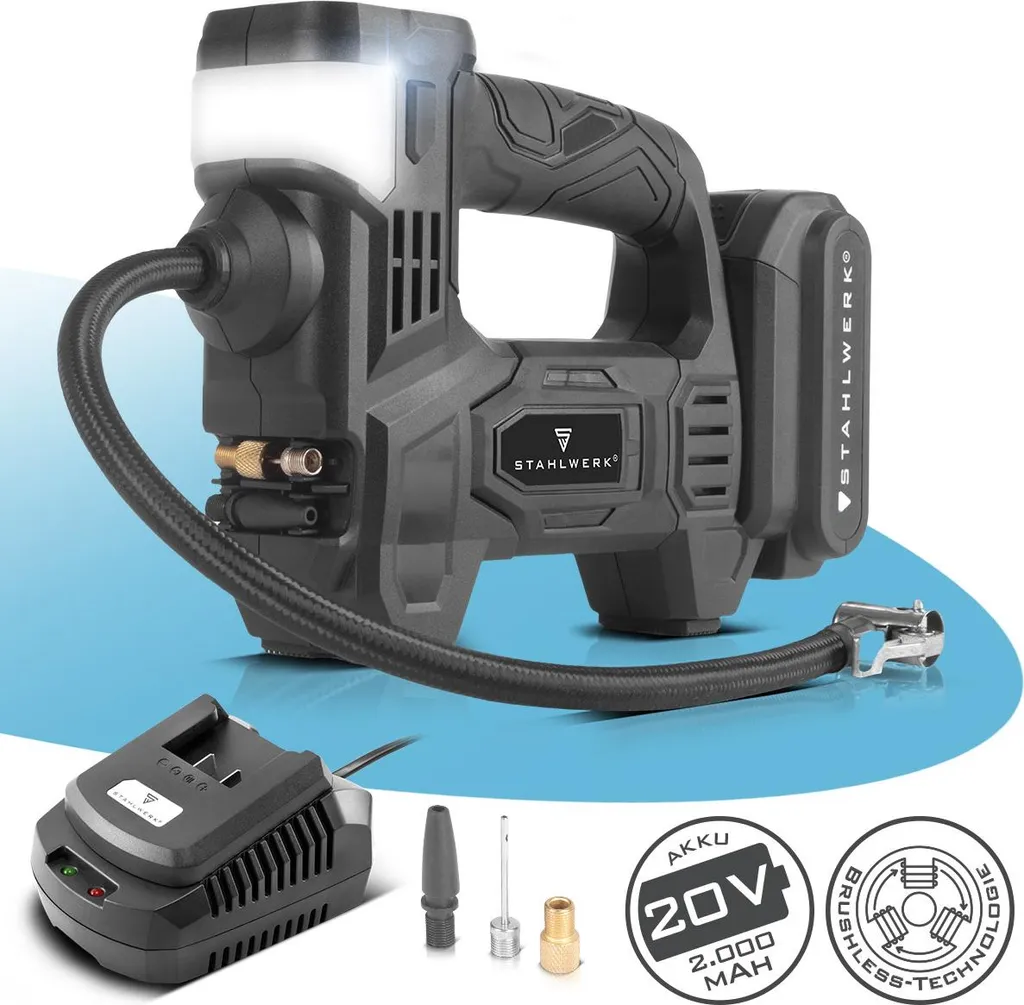 STAHLWERK Compressore d'aria ricaricabile ADK-20 ST|72 Watt di potenza |Pompa d'aria elettrica con display digitale e illuminazione