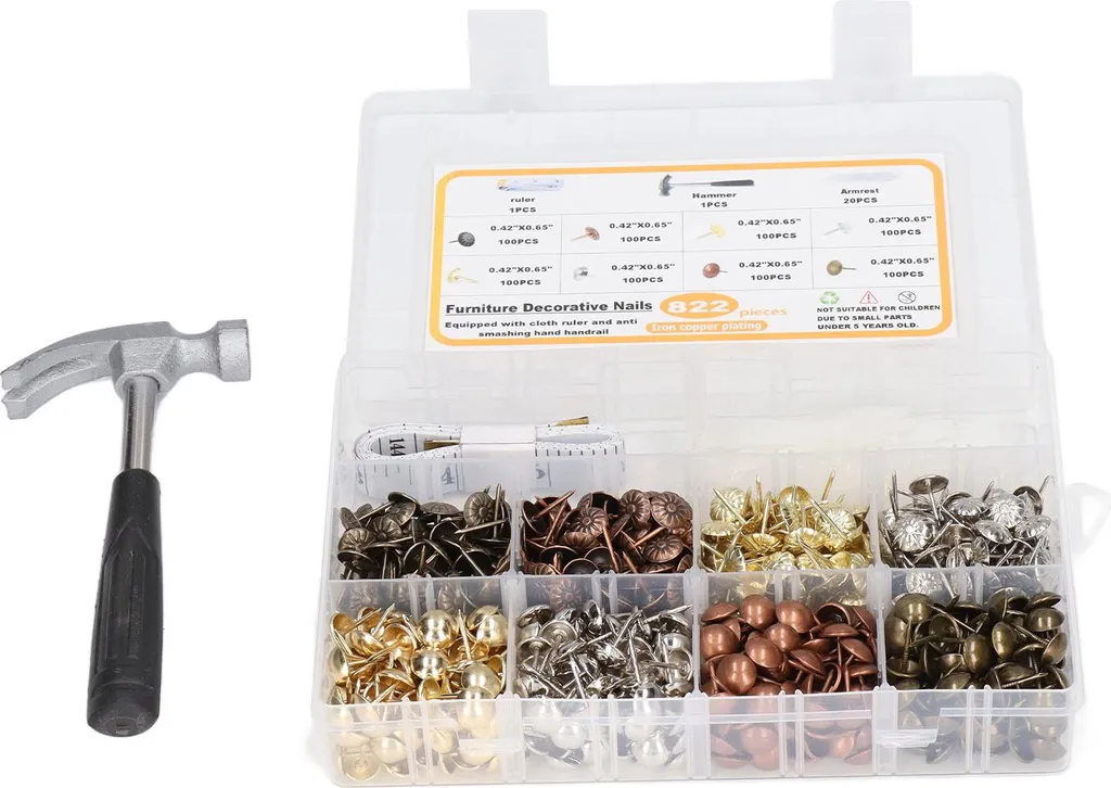 Kit rénovation fauteuil : clous tapissier avec marteau et guide pose