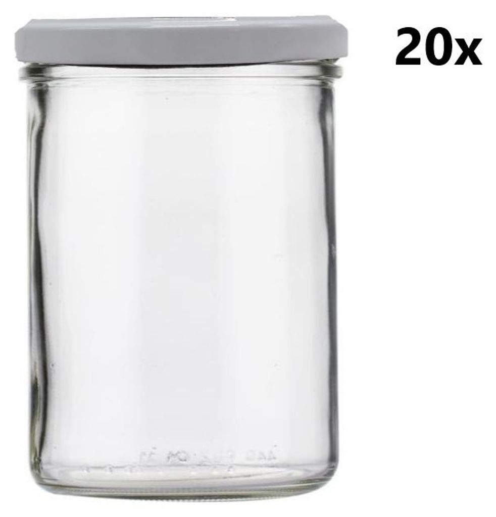 A clear glass jar with a gray lid is shown against a white background. The text '20x' is visible in the upper right corner.