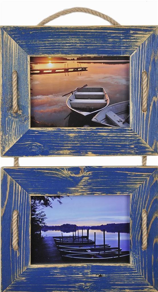 Mein Landhaus Schnurrahmen Duo 10x15 cm Marineblau Marine Doppel-Bilderrahmen aus recyceltem Holz