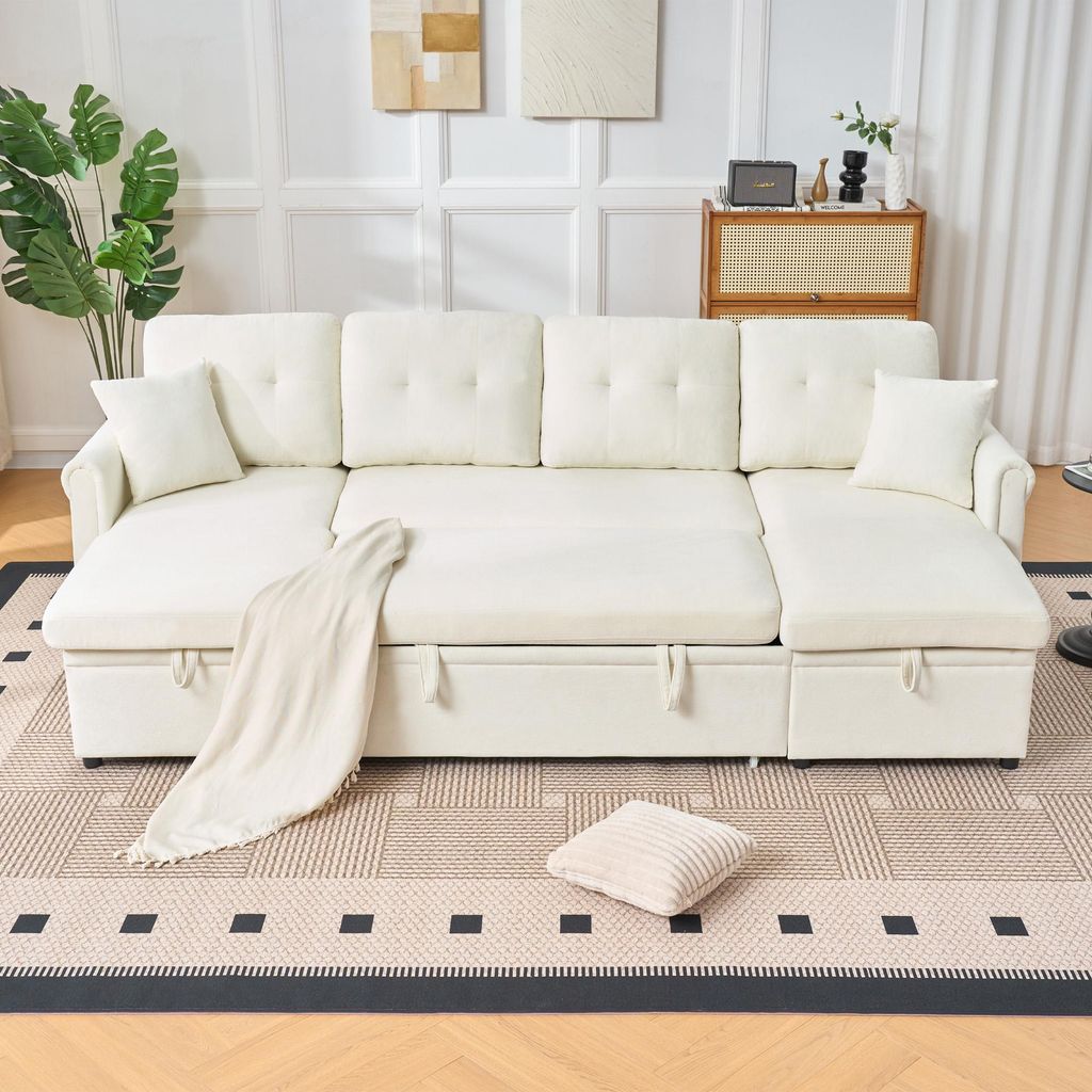 LVHOM U-Form Schlafsofa mit Bettkasten,Sofa mit Schlaffunktion, 4 Sitzer Ecksofa Chenille, Schlafcouch mit Stauraum & extra tiefer Sitzfläche, Beige