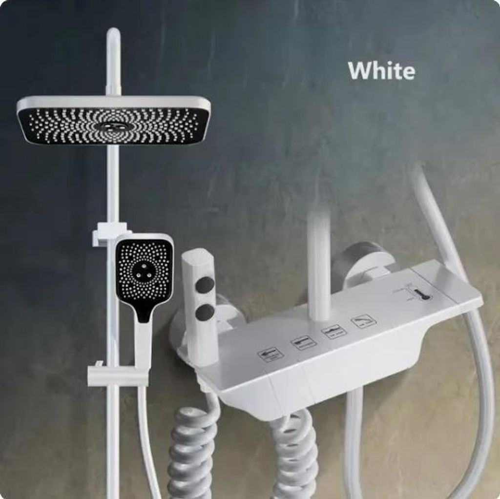 Duscharmatur mit Thermostat - Duschset - Messing - Galvanisch beschichtet - Höhenverstellbar - Ohne Display - Weiß