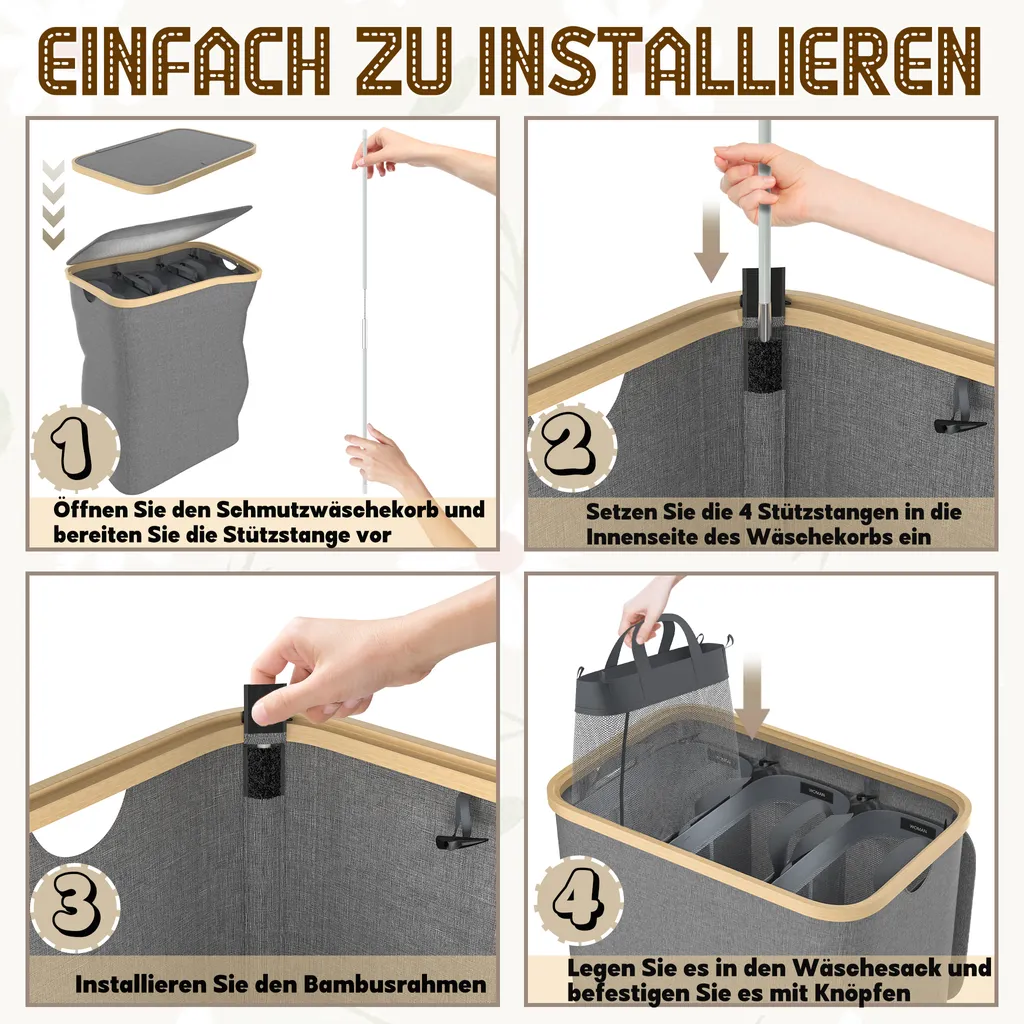 Panier à linge 3 compartiments en tissu gris, Bac de rangement de 140L