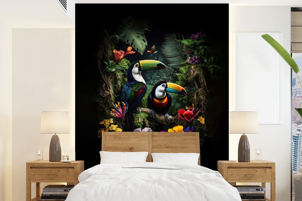 MuchoWow Fototapete für Wohnzimmer oder Schlafzimmer Wandtapete Vinyl Motivtapete Tukan - Blumen - Tropisch - Dschungel - Vogel - 195x260 cm - W...