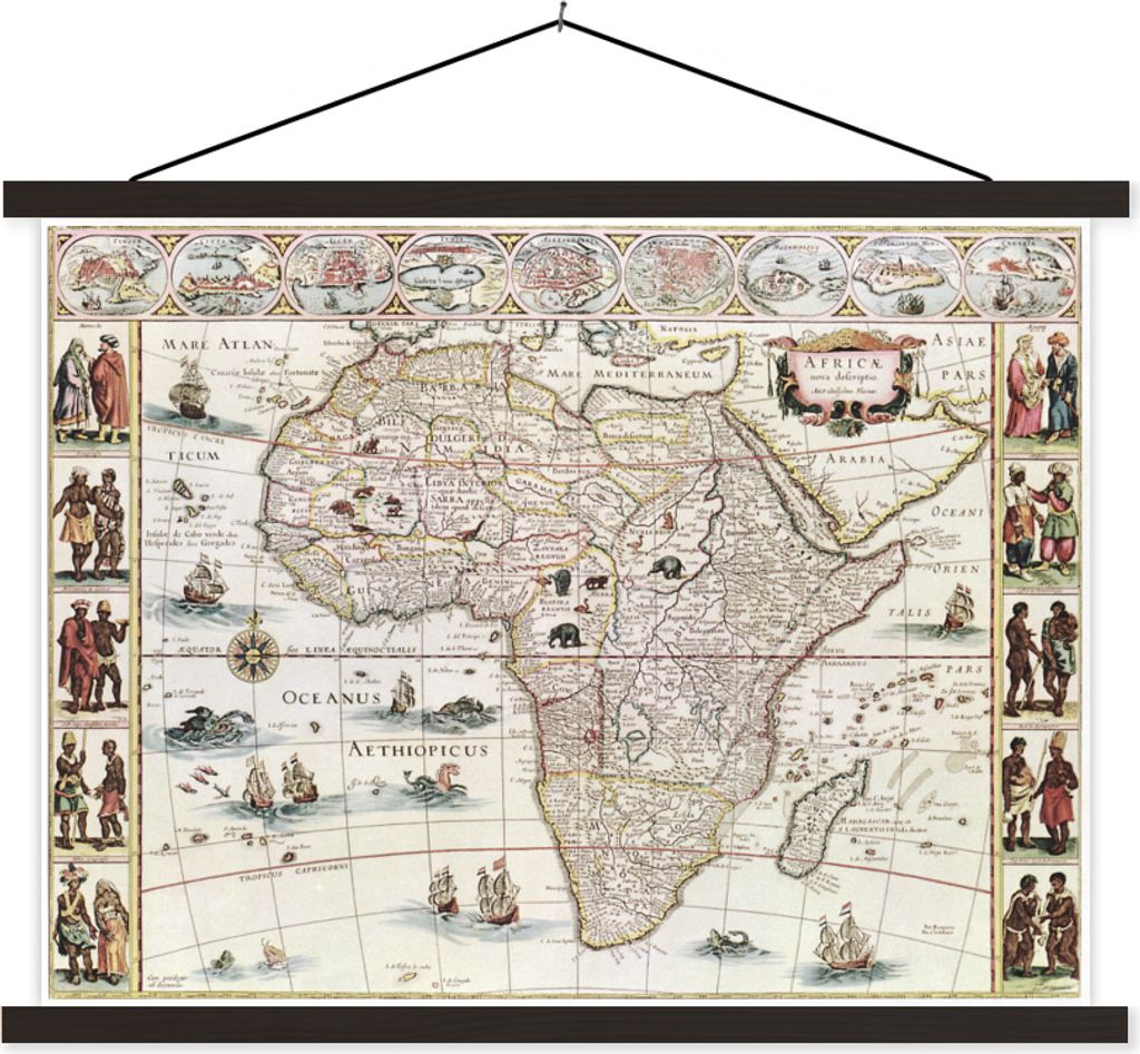 MuchoWow Textilposter Karte - Jahrgang - Afrika 150x113 cm mit schwarzem Rahmen - Wohnzimmer