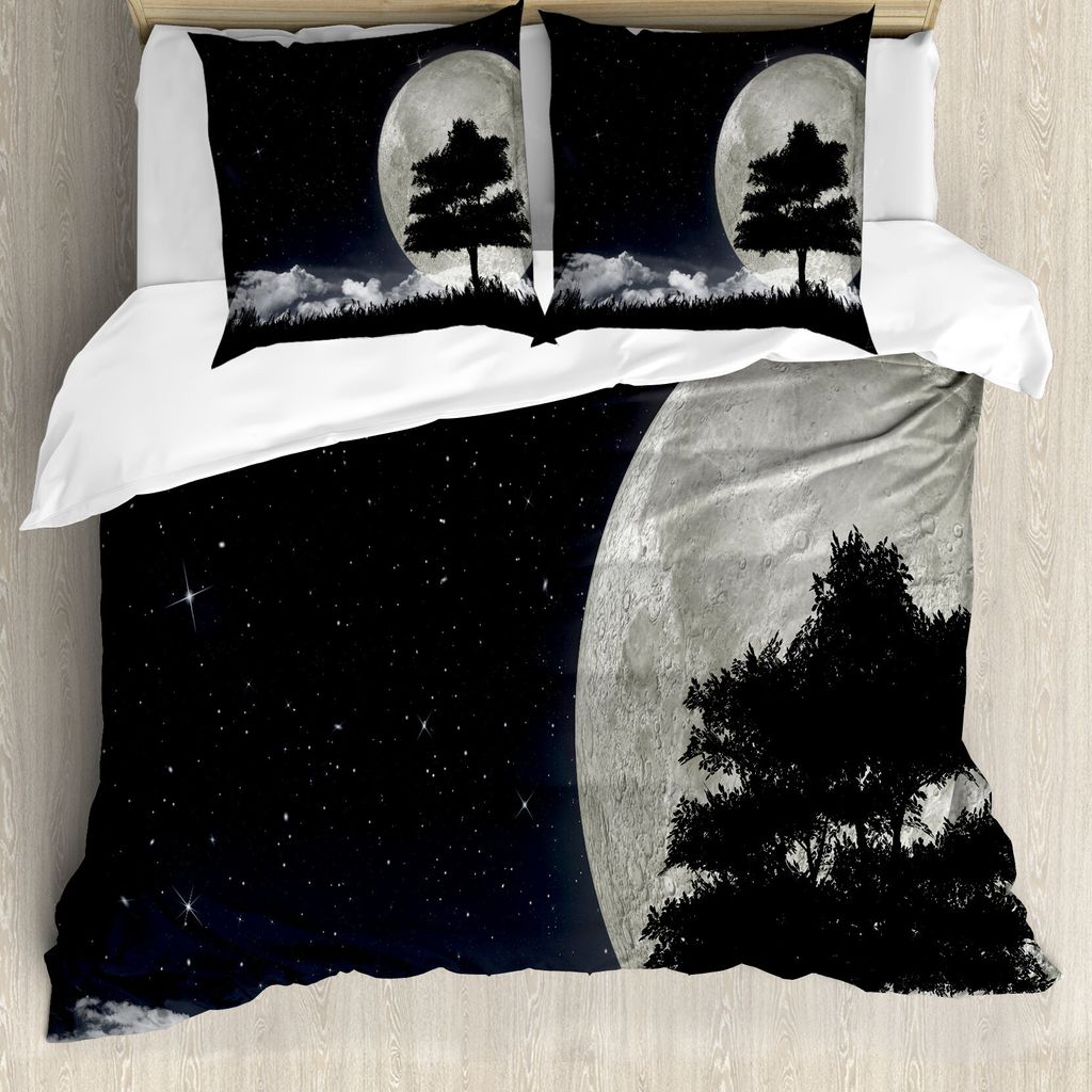 ABAKUHAUS Nacht Bettbezug, Riesen-Mond-Baum, Milbensicher Allergiker geeignet mit Kissenbezügen, 155 cm x 220 cm - 80 x 80 cm, Grau Schwarz Dunkel...