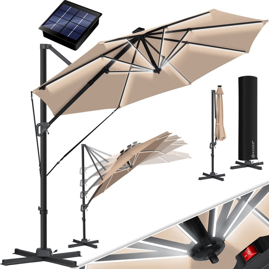 KESSER Sonnenschirm Ampelschirm SUN Rund XL Ø330 cm Inkl. Abdeckung + Windsicherung 7-Fach Verstellbar Drehbar Neigbar Kippbar Groß 360° Drehb...