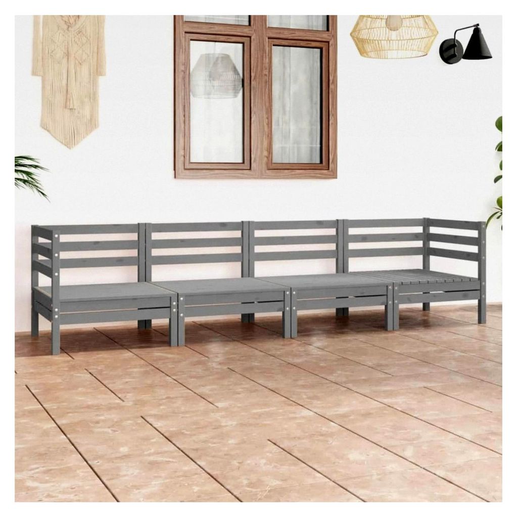 4-teiliges Garten-Lounge-Set, Grau, Kiefer Massivholz, Modulares Outdoor-Möbelset, Robustes Terrassen-Sofa, Balkon Sitzgruppe zur Entspannung