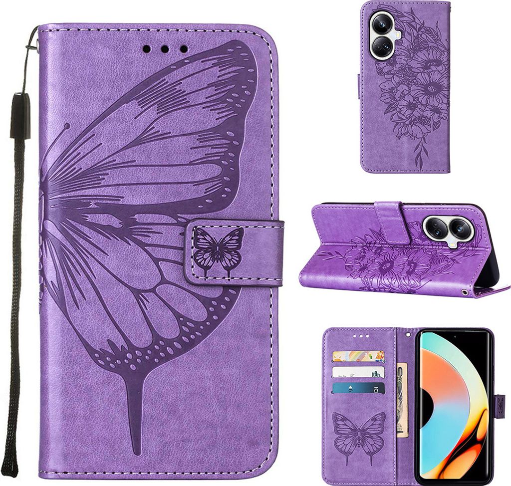 Lederhülle für Realme 10 Pro+ 5G Schmetterling Prägung Flip Ledertasche Kartenfächer Handyhülle mit Ständer Violett