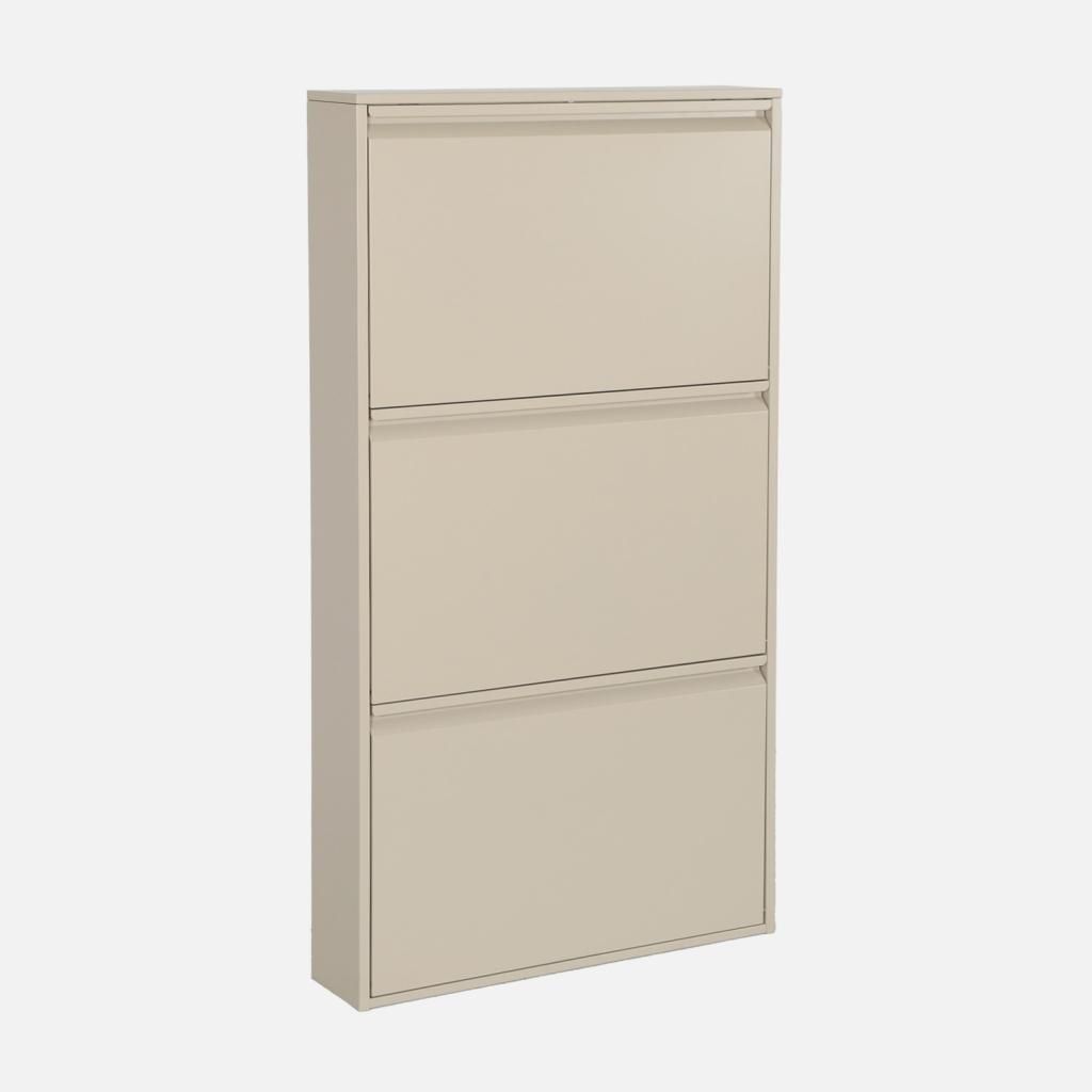 A cream-colored metal shoe cabinet with three drawers.