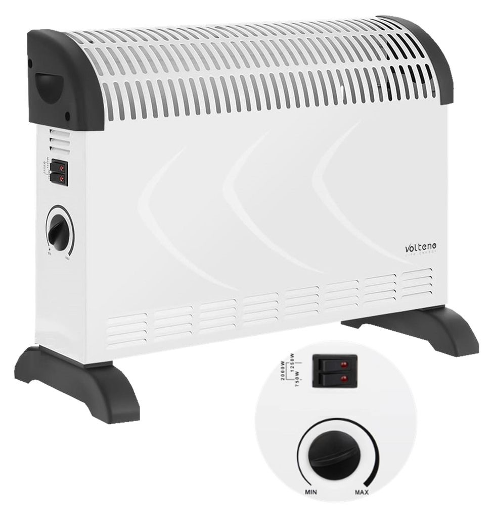 A white electric heater with black accents and feet, shown from a front-diagonal angle.