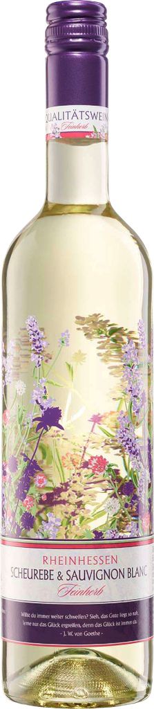 A bottle of white wine with a floral label.