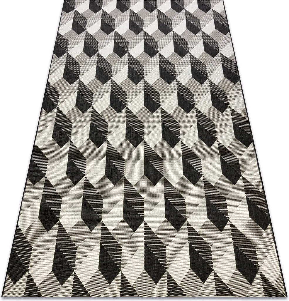 Grand Tapis Tissage Plat Noir à Motif 3D Cubes Sisal Flat 200x290 cm