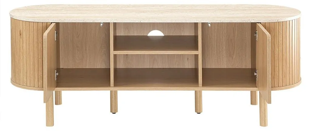 Meuble TV Salon 140 cm HELIOS Plateau Travertin Rangement Multimédia