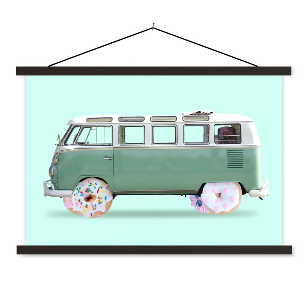 MuchoWow Textilposter Donuts - Lieferwagen - Auto - Grün 60x40 cm mit schwarzem Rahmen - Hölzernes