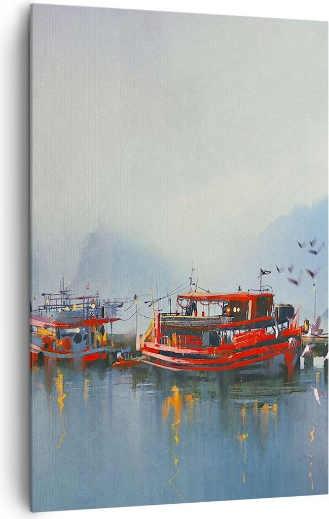 Bild auf Leinwand - Leinwandbild - Einteilig - Hafen Laterne Boot - 80x120cm - Wand Bild - Wanddeko - Wandbilder - Leinwanddruck - Wanddekoration -...
