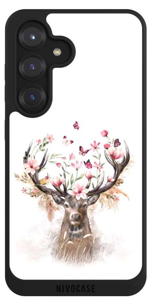 NIVOCASE Handyhülle für Samsung Galaxy S25 Hülle NIVOpure Case Schwarz Blumen Hirsch Tiere