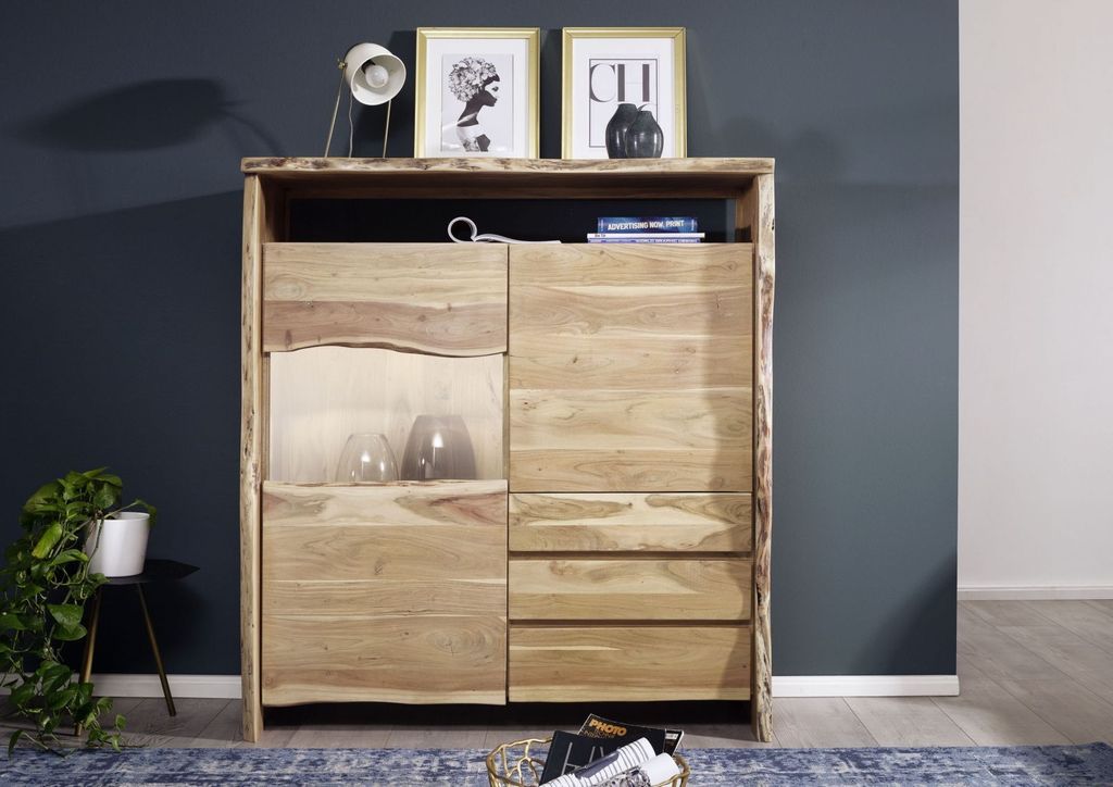 MASSIVMOEBEL24 Highboard Akazie 131x45x147 natur lackiert PURE ACACIA #703