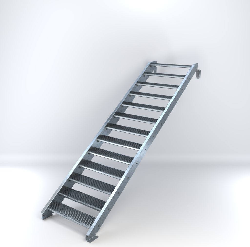 Stahltreppe 13 Stufen bis Höhe 260 cm, Laufbreite : 100 cm kein Geländer ST 2 (31 / 31 mm gezackt)