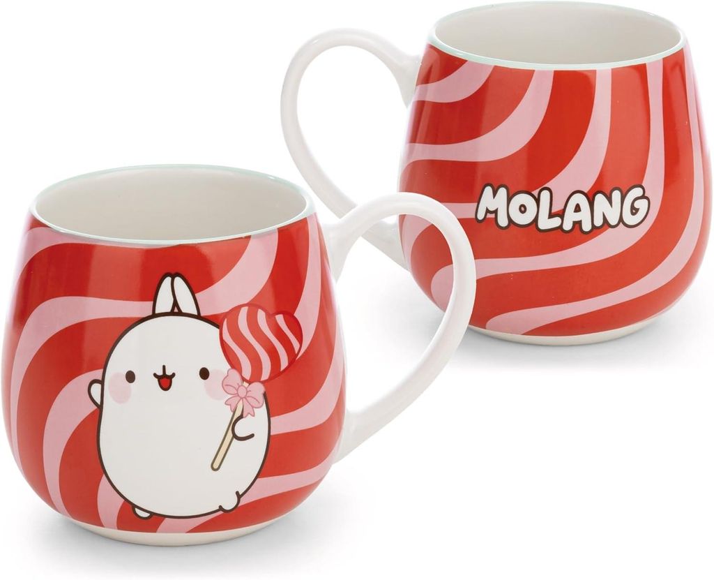 Tasse MOLANG mit Lolli 400ml 8x9cm mit Banderole - rot - Hochwertige Porzellan-Tasse, liebevoll gestaltet, niedliches Accessoire für Küche, Büro...