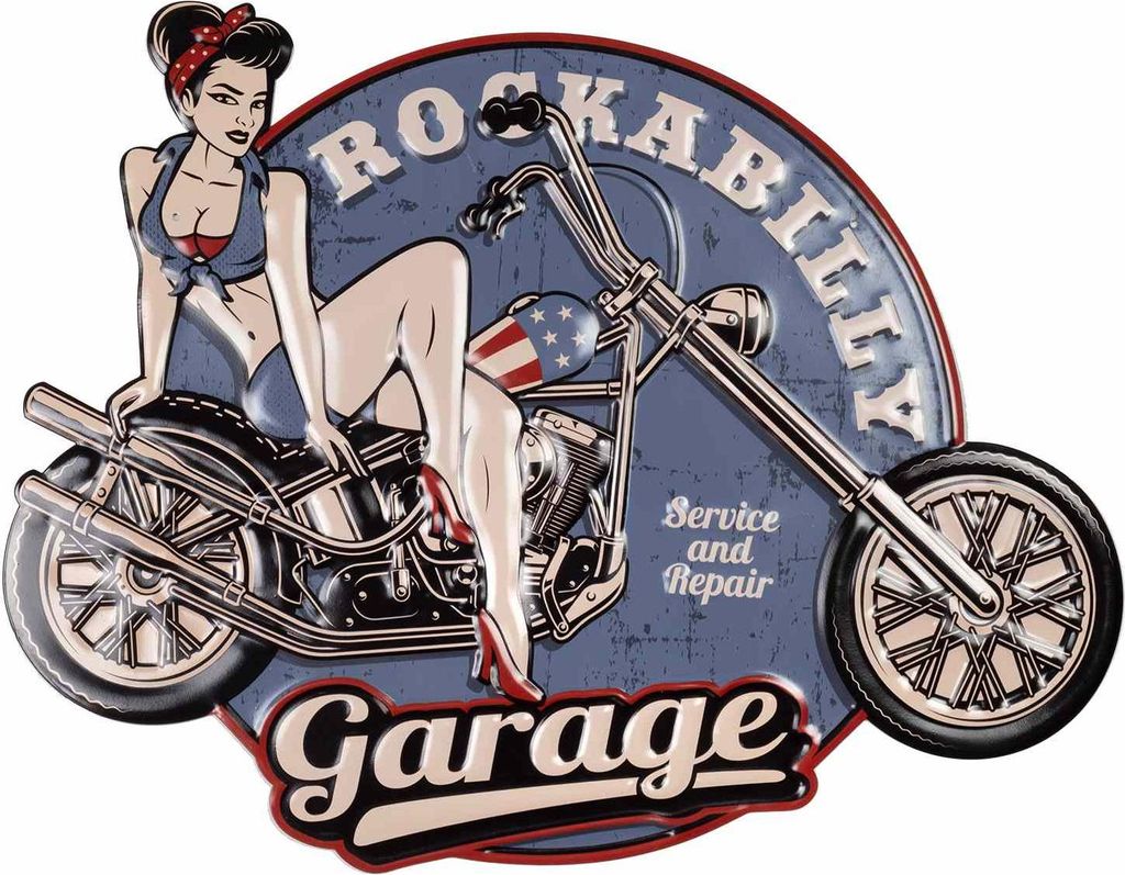 Moritz Blechschild Rockabily Motorrad Blau Frau 60 x 47 Vintage Retro Nostalgie Metall Dekoration