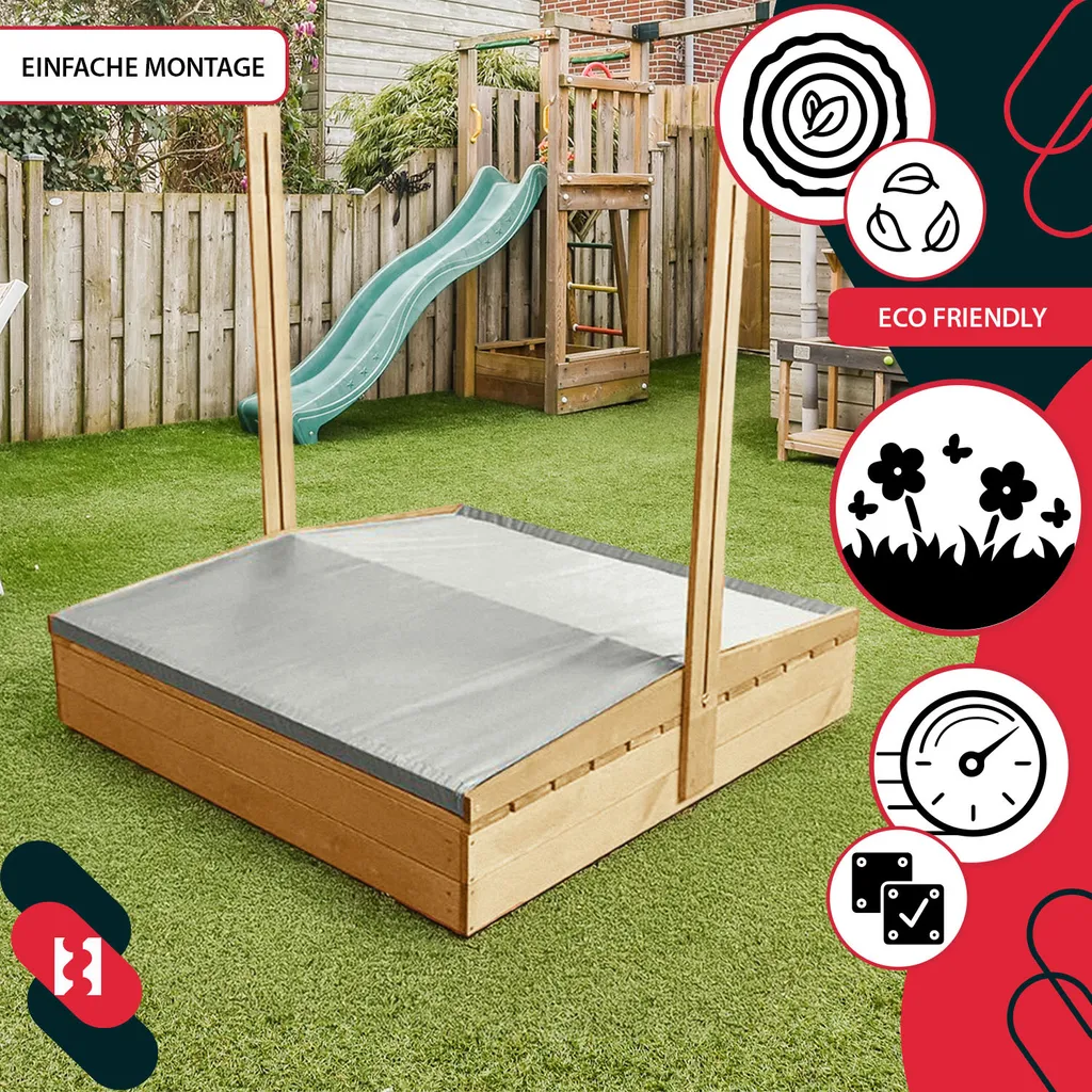 KOTARBAU® Sabbiera con copertura 100 x 100 cm Grande sabbiera in legno di colore naturale con tetto grigio sabbiera con copertura sabbiera con tetto giocattolo da giardino per bambini impregnata chiudibile a chiave con panchine - 8