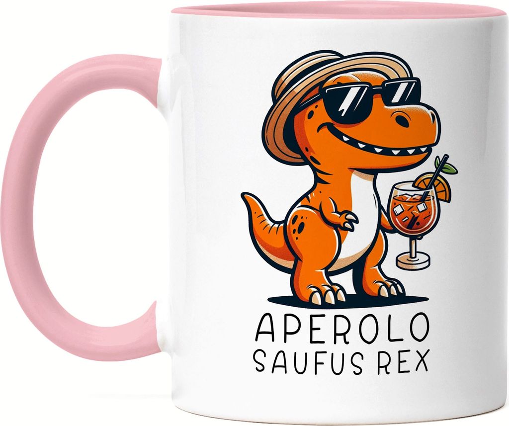 Aperolo Saufus Rex Tasse Rosa Dinosaurier Cocktail JGA Sommer Spruch