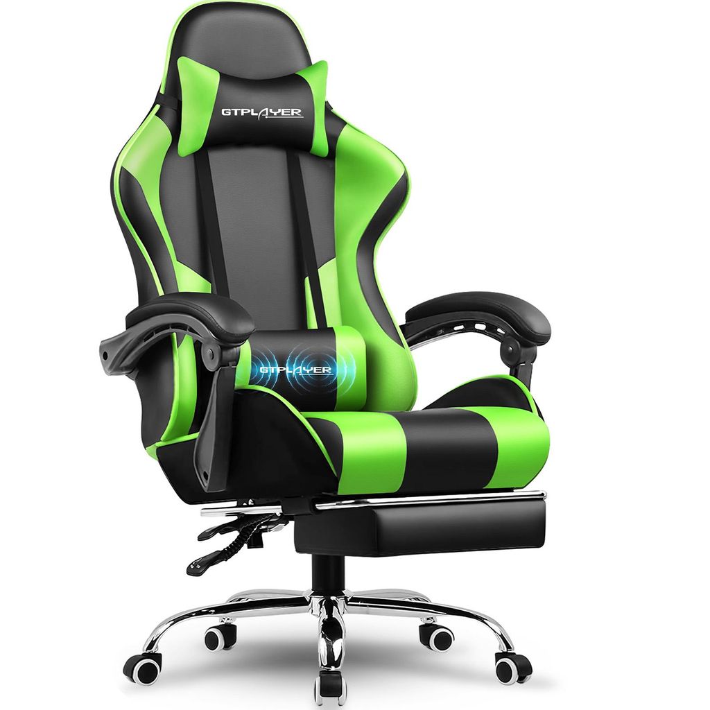 GTPLAYER Gaming Stuhl, Bürostuhl, Ergonomischer Pc Stuhl, Gaming Sessel mit Massagelendenwirbelstütze mit Fußstütze und Kopfstütze, Grün Kuns...