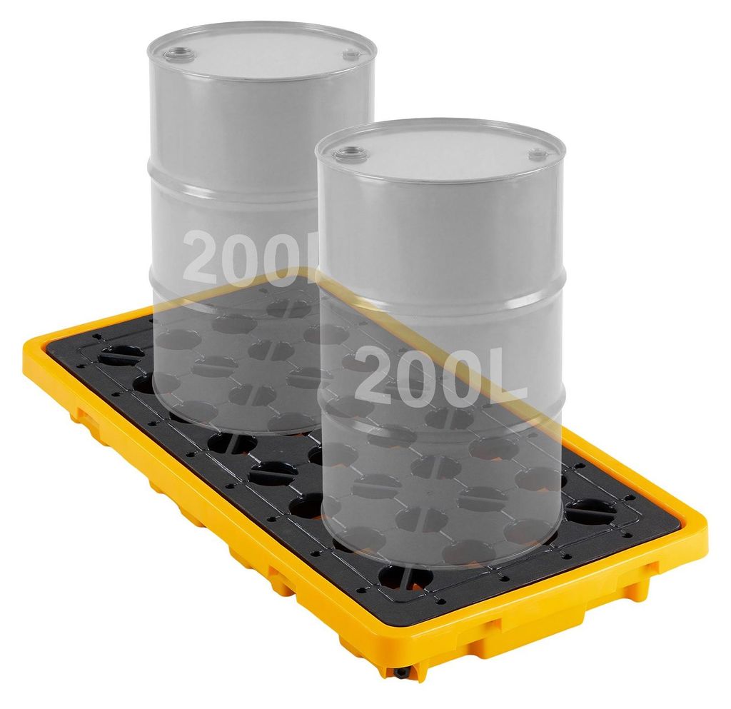 Auffangpalette für Fässer - Industrielle Auffangwanne - 131,6 x 68 x 15 cm - 4000 kg Traglast - 79,5 L Volumen - Mit Ablasshahn - Für 2 Fässer ...