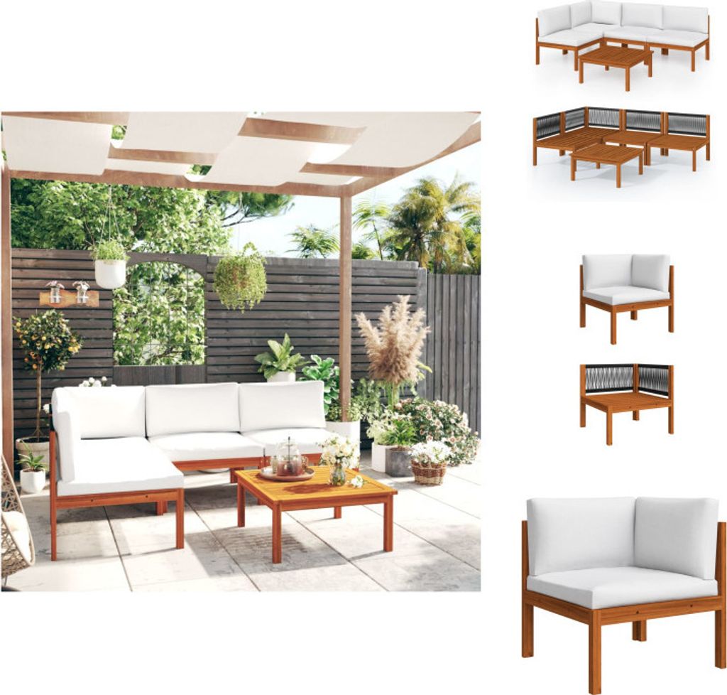 vidaXL 5-tlg. Garten-Lounge-Set mit Kissen Cremeweiß Massivholz Akazie - Gartenmöbel-Sets