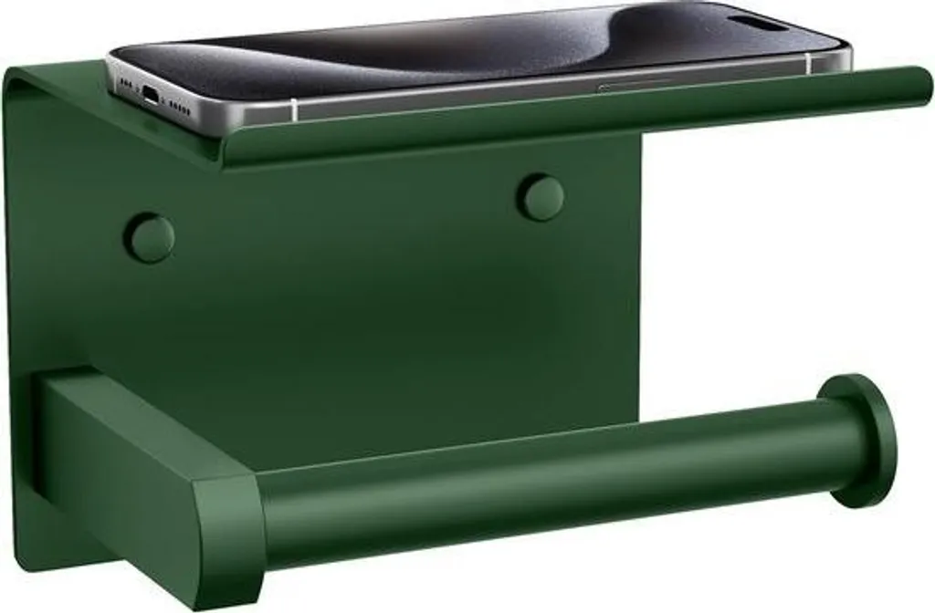Accessorio bagno verde bosco: porta rotolo a parete con ripiano di design