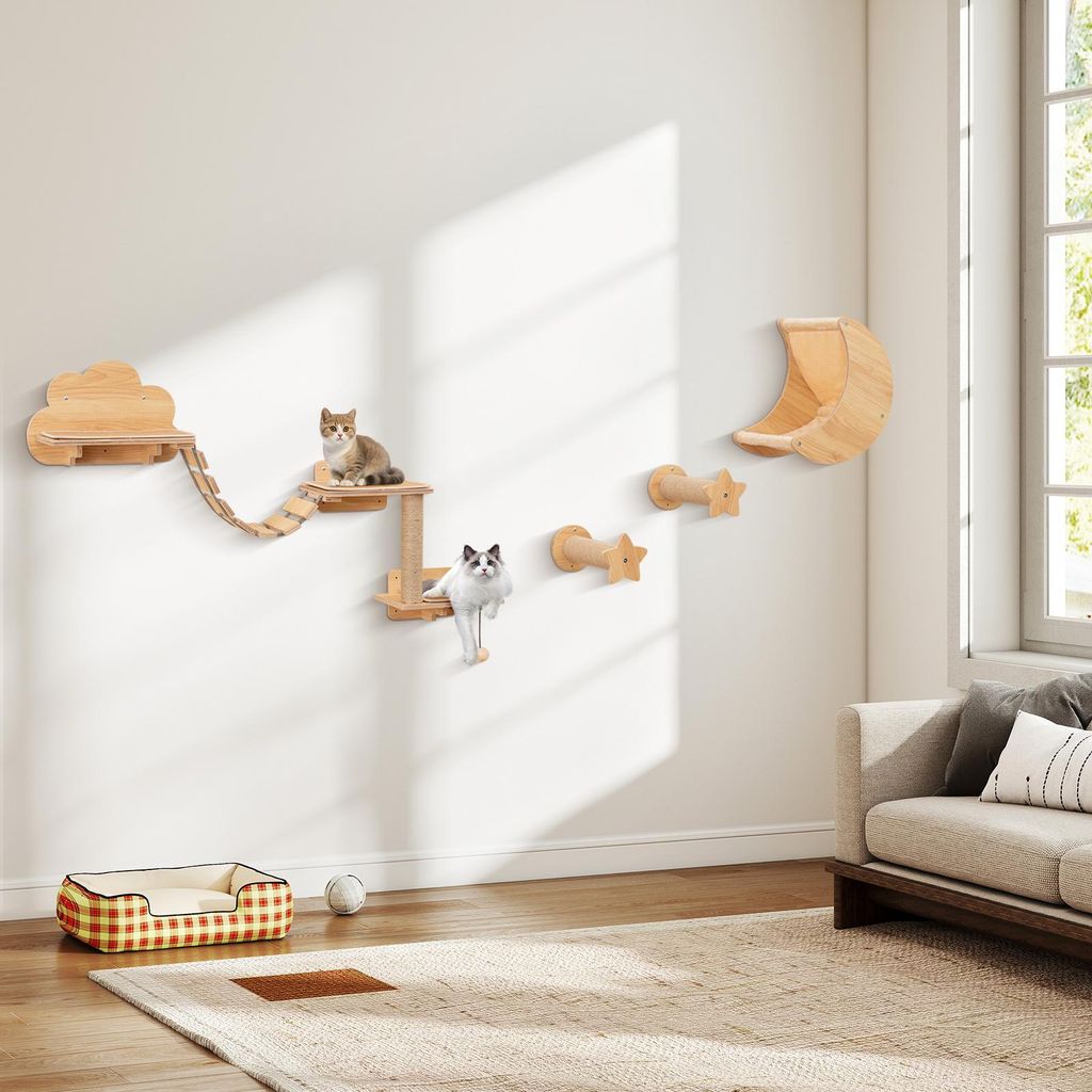 A living room scene with a cat climbing wall furniture, a sofa, and a rug.