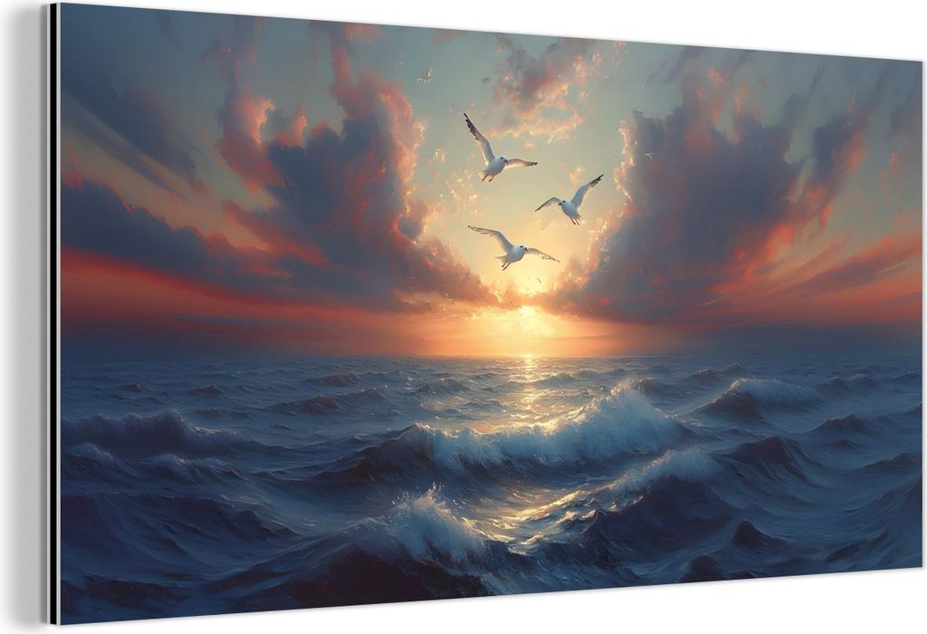 MuchoWow Wanddekoration Metall Metallbild Wandkunst 40x20 cm Möwen - Sonnenuntergang - Meer - Wolken MuchoWow Aluminium Gemälde - Bild - Aluminium
