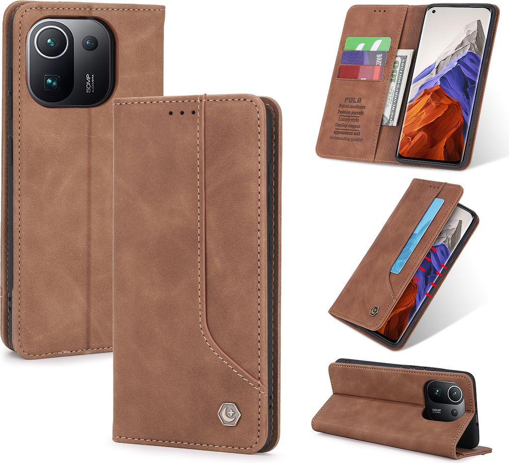 Xiaomi Mi 11 Pro Hülle, LaimTop Retro Kunstledertasche Schutzhülle mit Kartenfach Standfunktion für Xiaomi Mi 11 Pro Braun