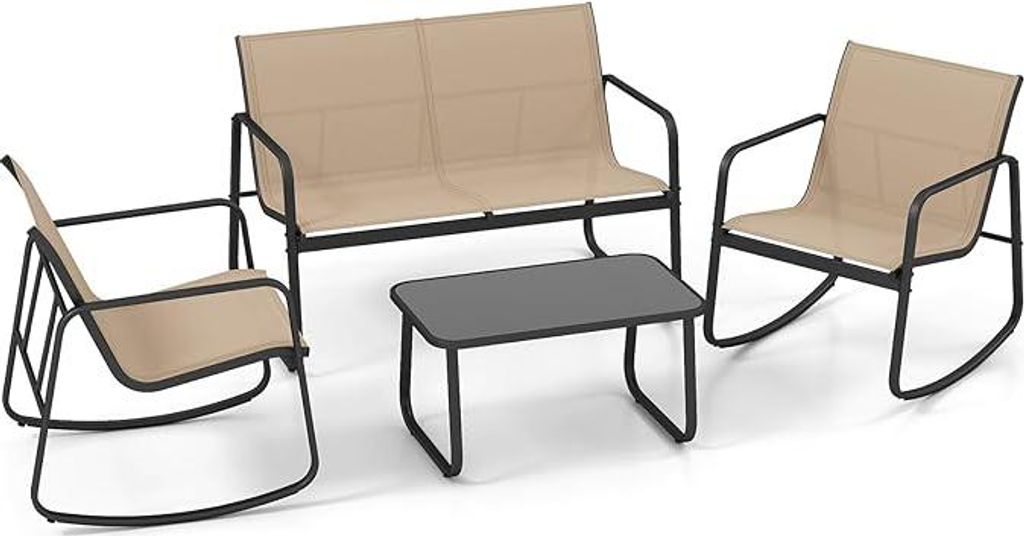 GOPLUS Fabric Gartenmöbel-Set, Balkonmöbel 4 tlg., mit 1 Schaukelbank & 2 Schaukelstühle & Glastisch, 4 Personen Terrassenmöbel geeignet Garten