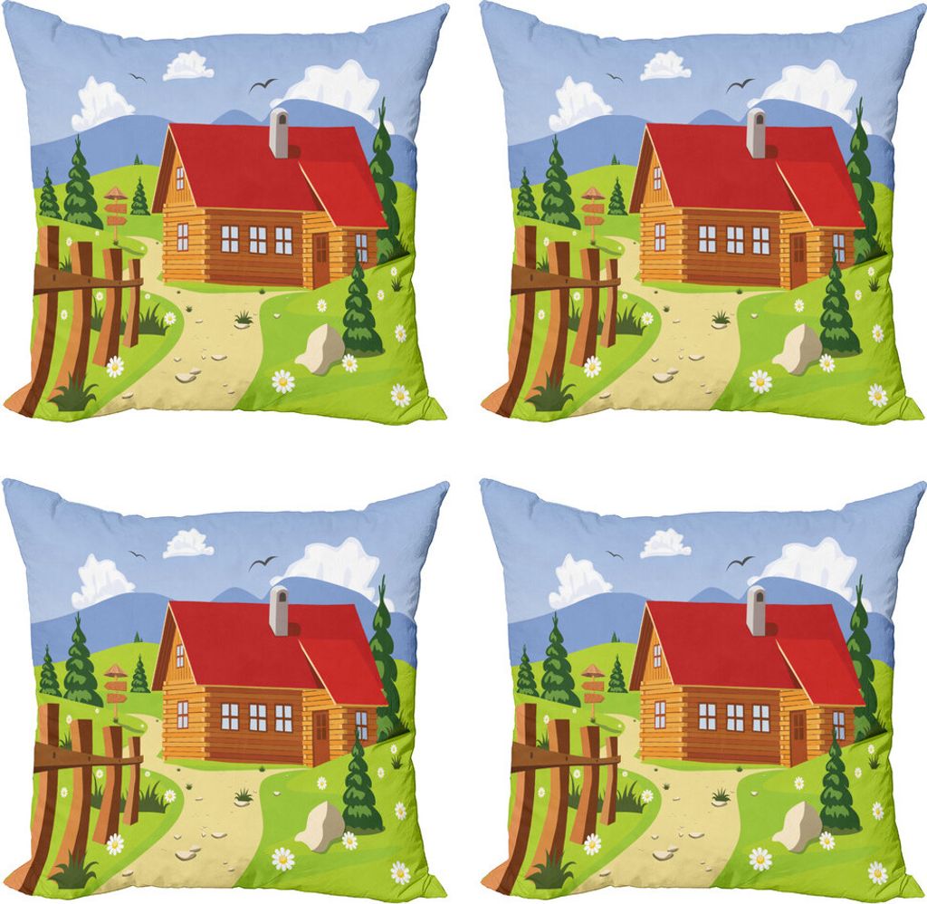 ABAKUHAUS Blockhaus Kissenbezug Set (4 Stück), Chalet Bild in Mountain, Moderner Doppelseitiger Digitaldruck, 45 cm x 45 cm, Ceil Blau und Multicolor