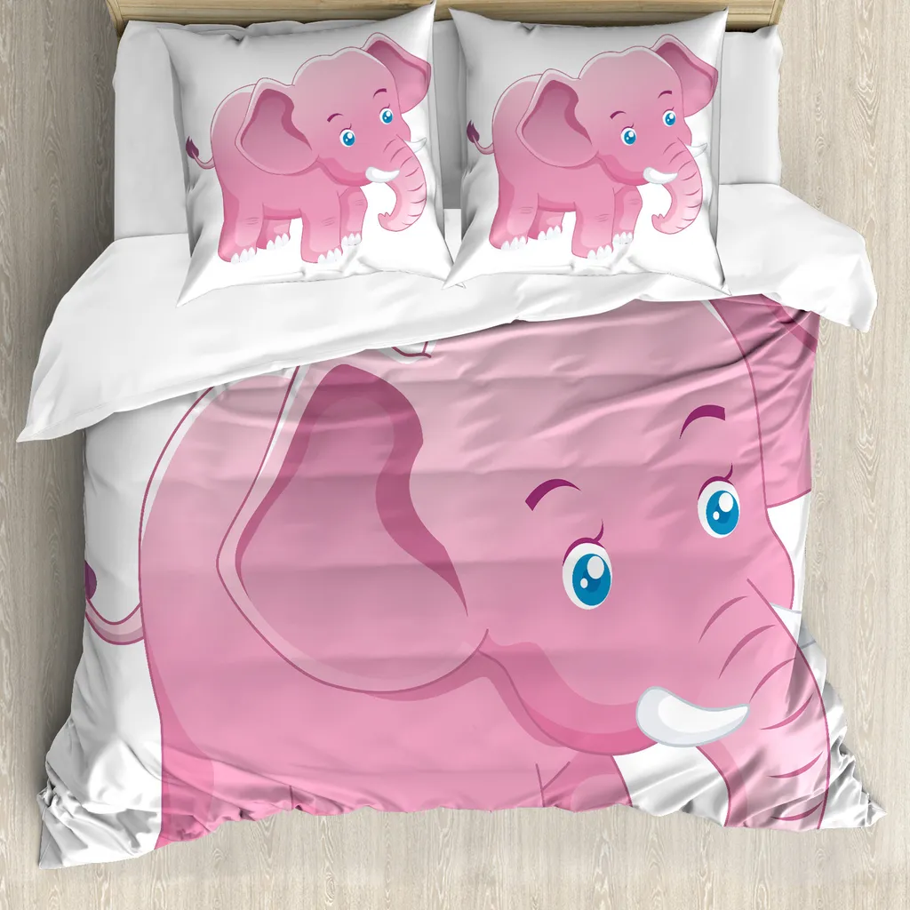 ABAKUHAUS Elephant Nursery Copripiumino, Bambino piccolo Tusk, Antiacaro Adatto a chi soffre di allergie con federe, 200 cm x 200 cm - 80 x 80 cm, rosa, bianco,