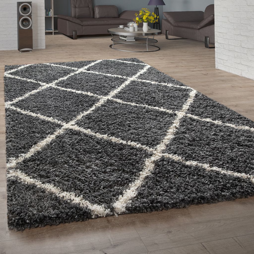 Hochflor Teppich Wohnzimmer Skandinavisches Muster Rautenmuster Dunkelgrau Creme Grösse 150 cm Quadrat