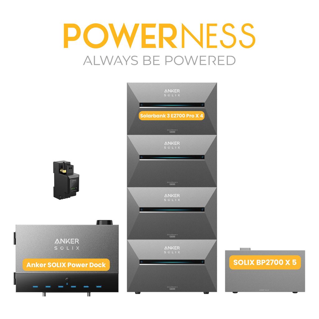 Powerness Balkonkraftwerk Speicher mit Anker Multisystem SOLIX Solarbank Power Dock & 4x Solarbank 3 E2700 Pro, Smart Meter,1x BP2700 Erweiterungsakku