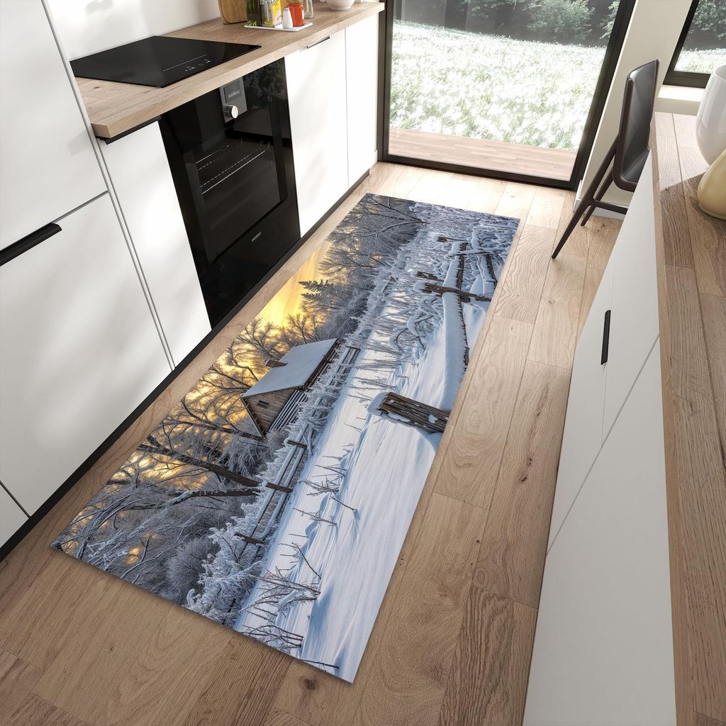 Küchenteppich 90x240cm rutschfest & abwischbar PVC Läufer - Verschneites Landhaus