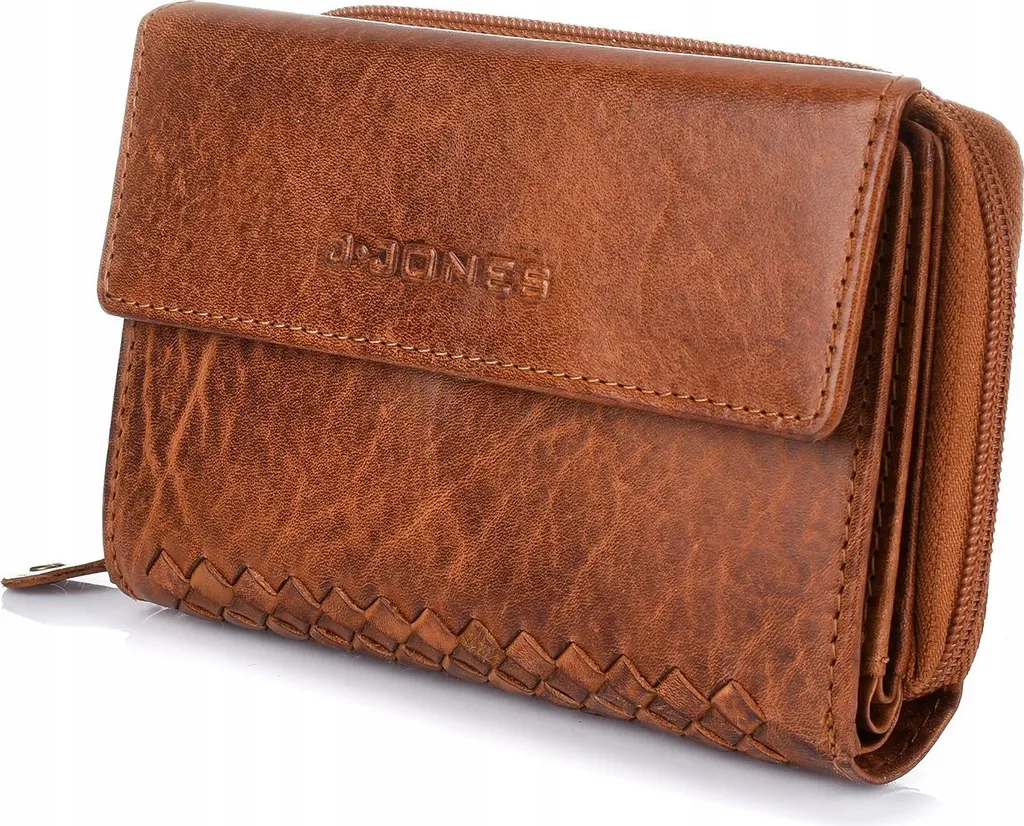 Porte-monnaie vintage en cuir cognac avec finition tressée pour femmes