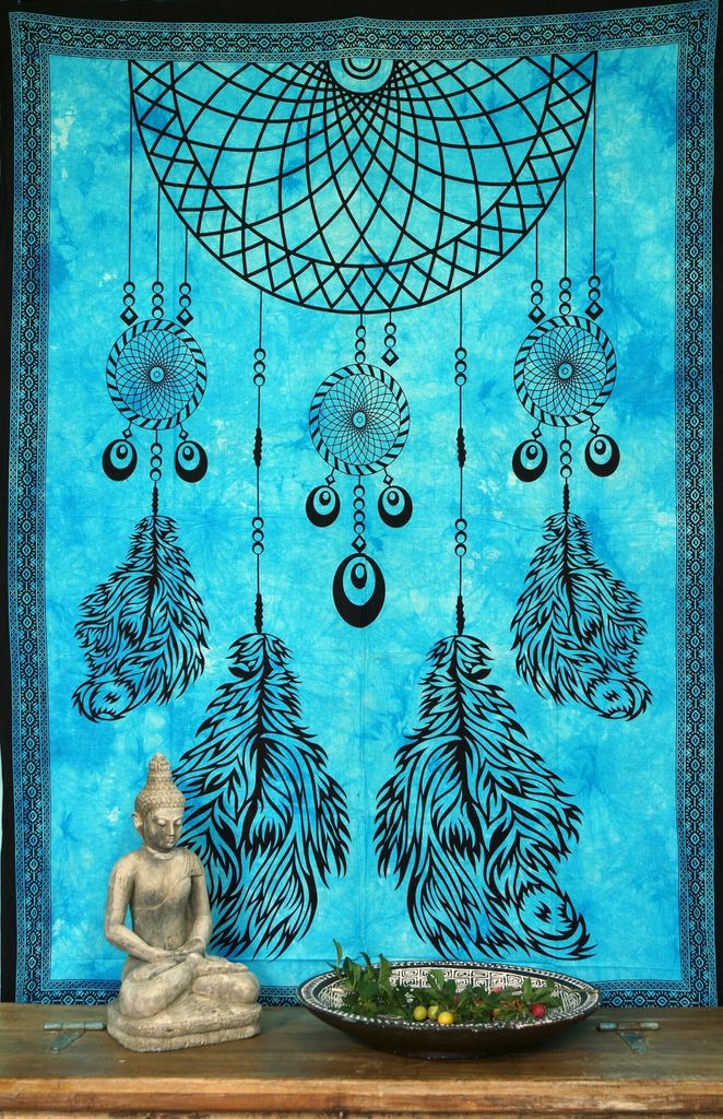 Boho-Style Wandbehang, Indische Tagesdecke - Chakra Traumfänger / Türkis, Baumwolle, 190*140*0,2 cm, Bettüberwurf, Sofa Überwurf